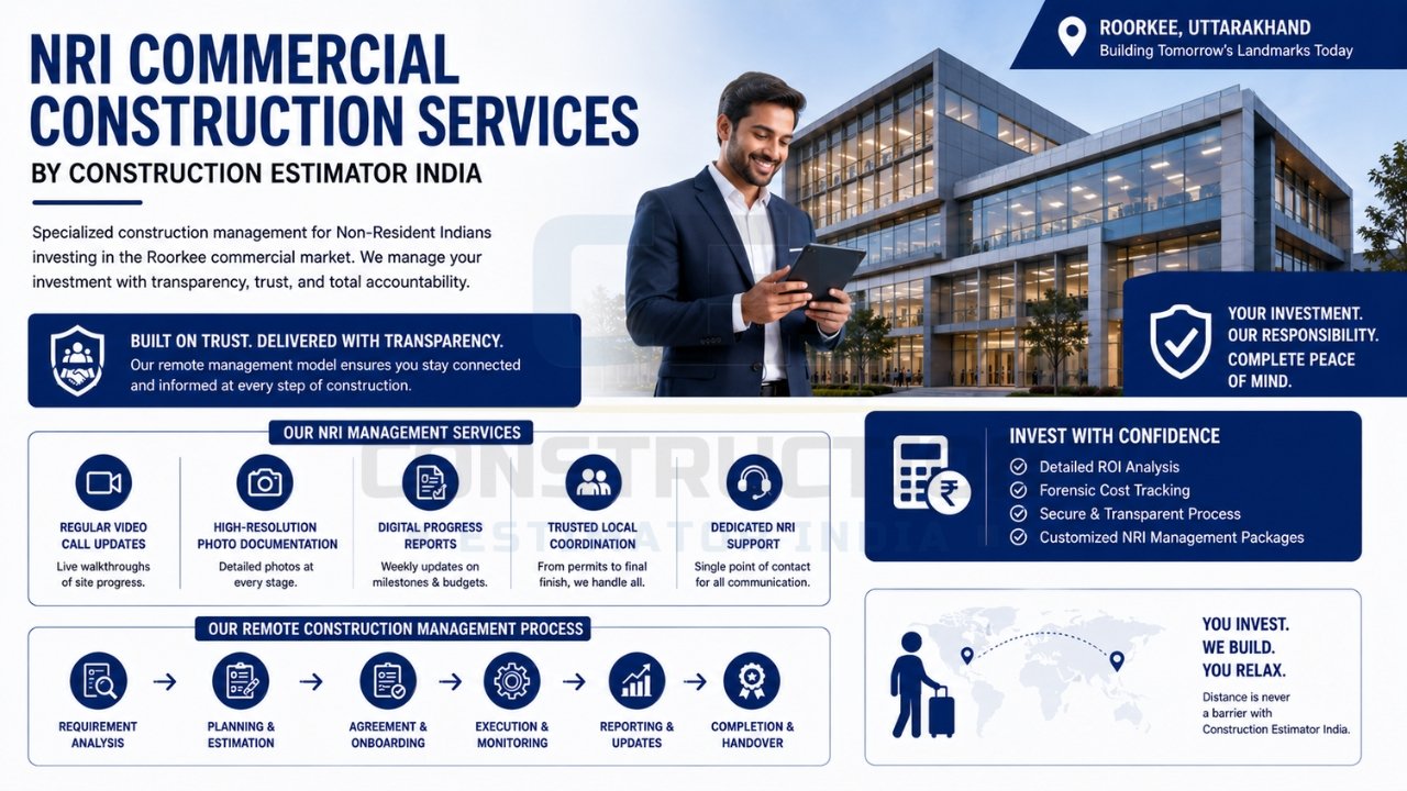 NRI commercial construction services in Roorkee with remote project management, transparent reporting, and dedicated NRI support.