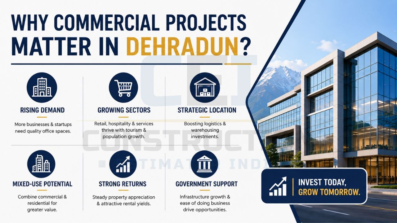 Benefits of commercial projects in Dehradun including growing demand, expanding business sectors, strategic location, investment opportunities, and government support.