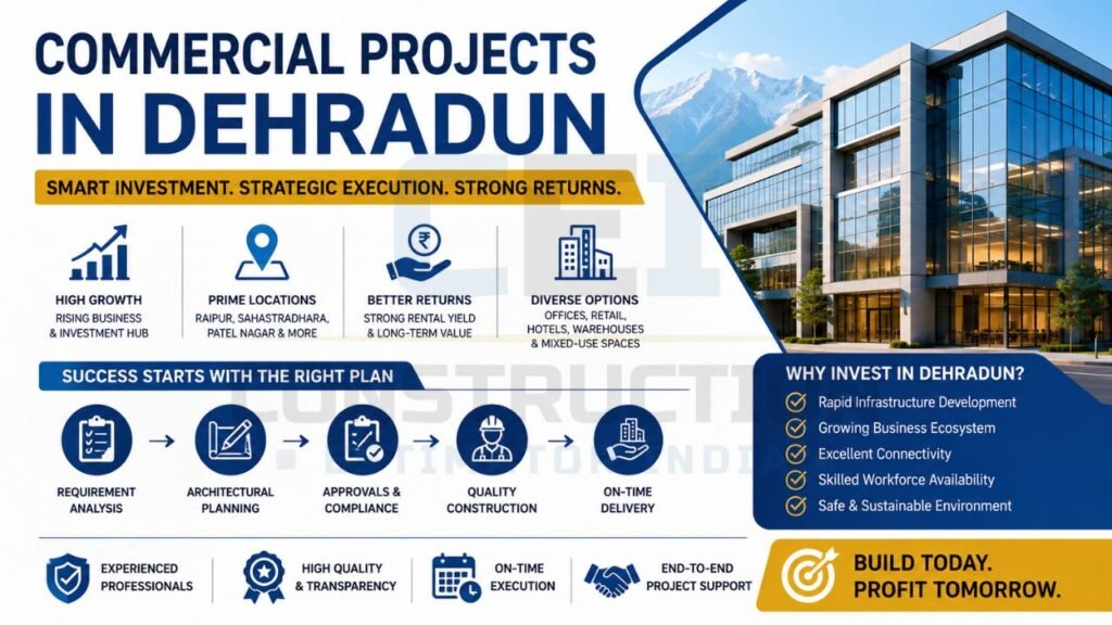 Commercial projects in Dehradun featuring investment opportunities, business growth, strategic planning, commercial construction process, and long-term returns.