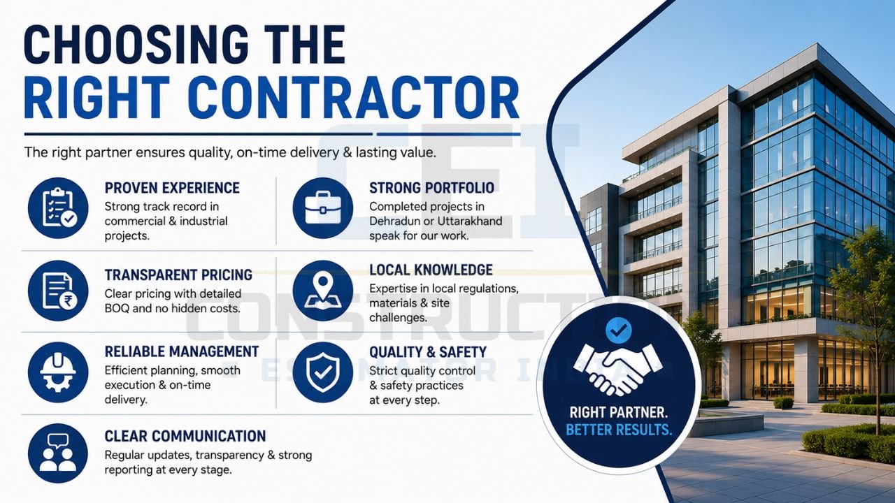 Guide for choosing the right commercial contractor based on experience, portfolio, pricing transparency, local expertise, quality control, and project management.