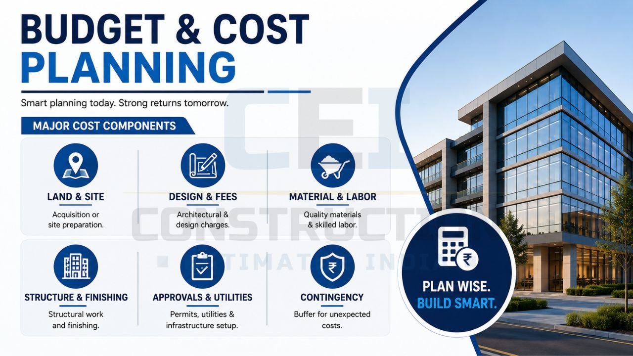 Commercial project budget and cost planning infographic showing major construction cost components including land, design fees, materials, approvals, and contingency planning.