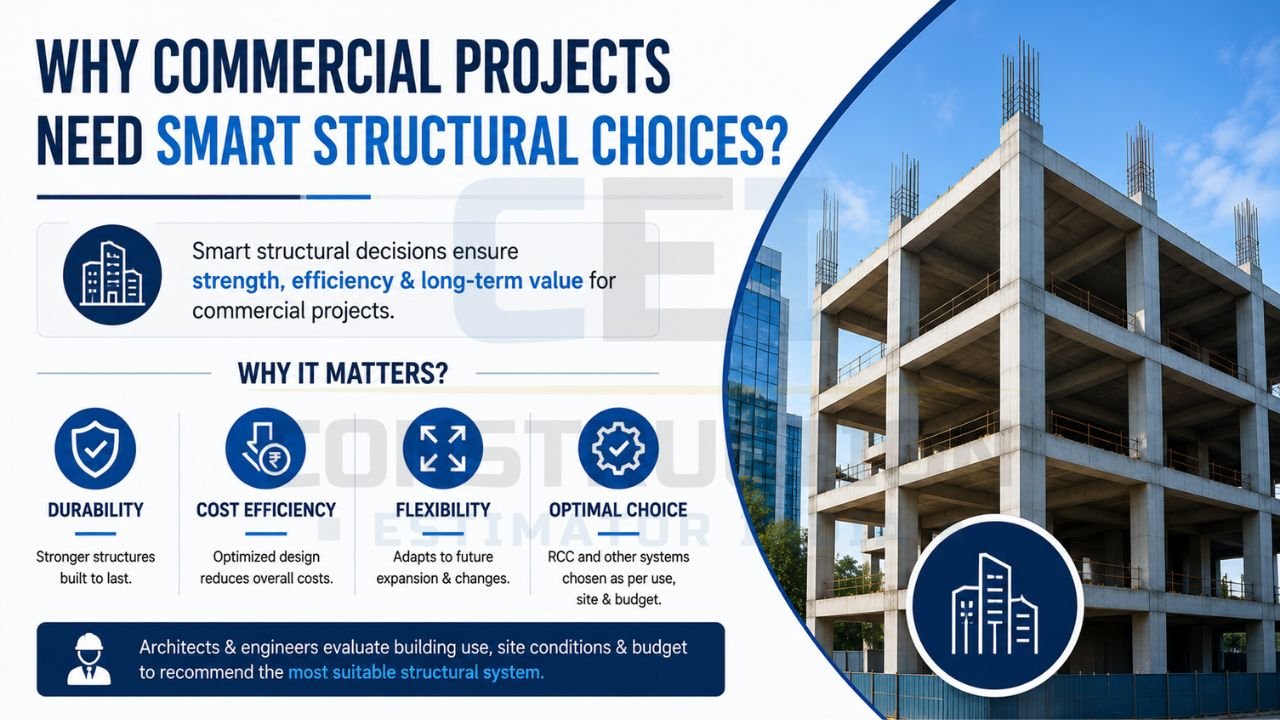 Commercial building structure highlighting the importance of smart structural systems for durability, cost efficiency, flexibility, and long-term value in commercial projects.