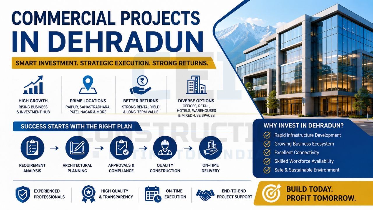 Commercial projects in Dehradun featuring investment opportunities, business growth, strategic planning, commercial construction process, and long-term returns.