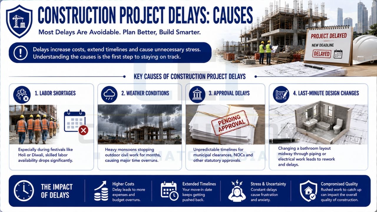 Infographic explaining the major causes of construction project delays, including labor shortages, weather conditions, approval delays, and last-minute design changes.