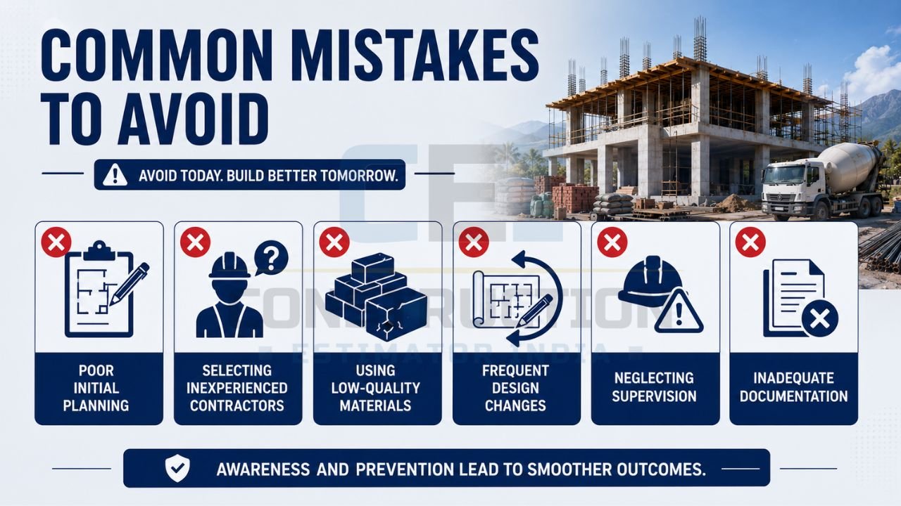 Construction mistakes infographic highlighting poor planning, inexperienced contractors, low-quality materials, design changes, lack of supervision, and inadequate documentation during building projects.