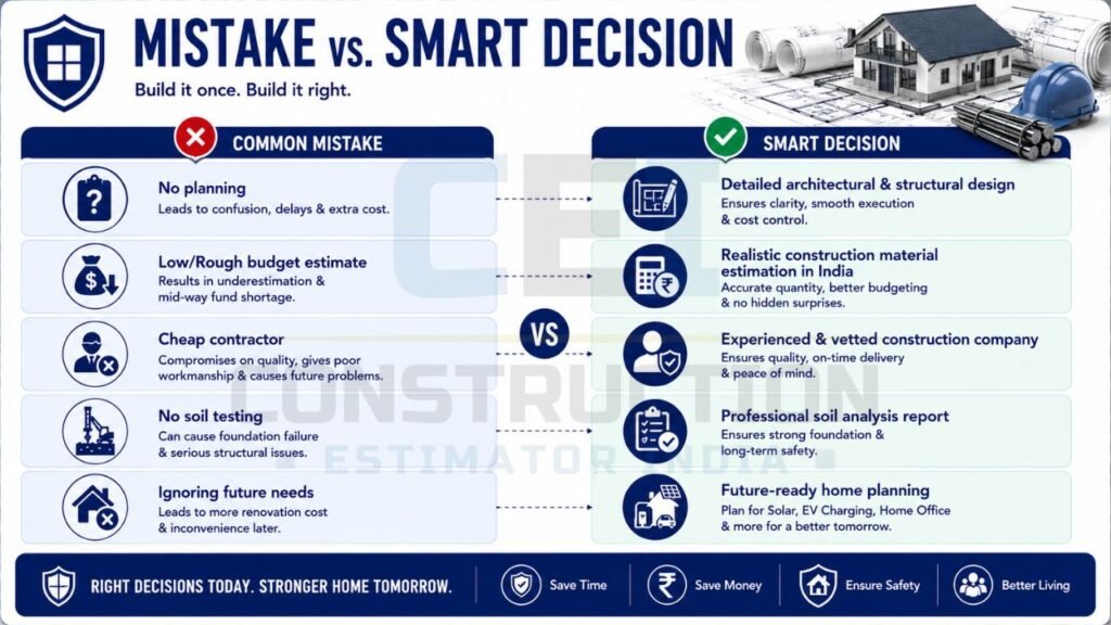 Comparison infographic showing common construction mistakes versus smart decisions, including planning, budgeting, contractor selection, soil testing, and future-ready home design.
