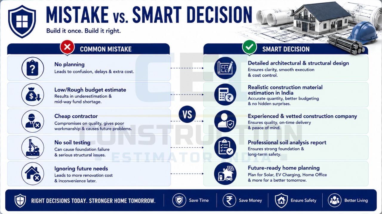 Comparison infographic showing common construction mistakes versus smart decisions, including planning, budgeting, contractor selection, soil testing, and future-ready home design.