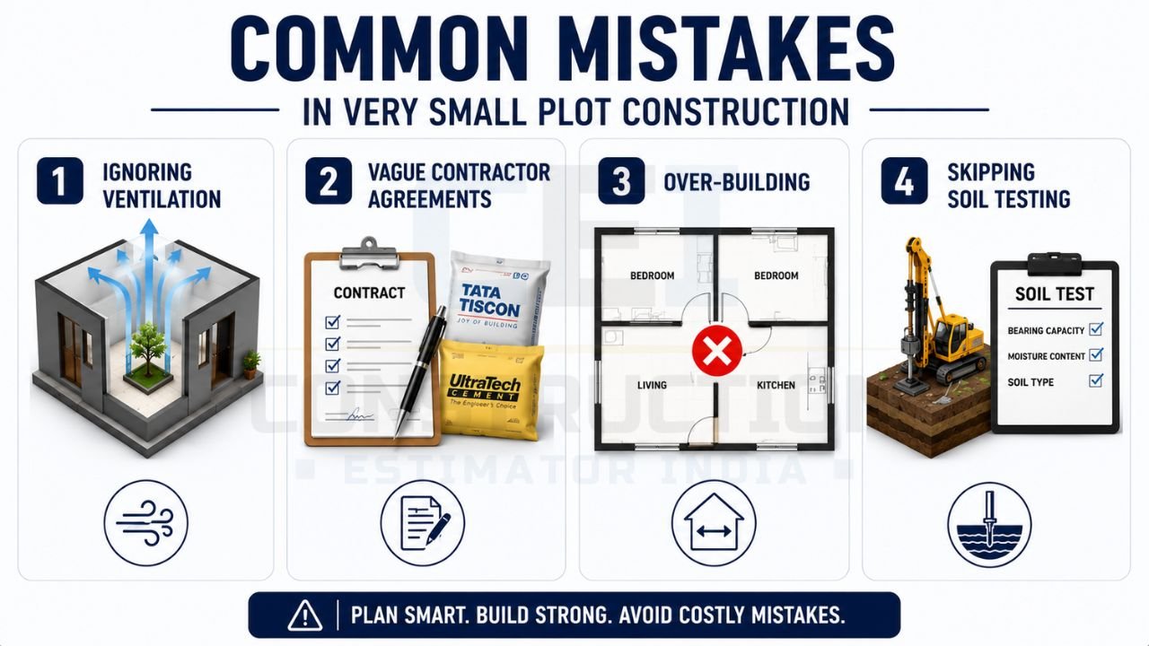 Infographic highlighting common mistakes in small house construction, including poor ventilation, vague contractor agreements, over-building, and skipping soil testing.