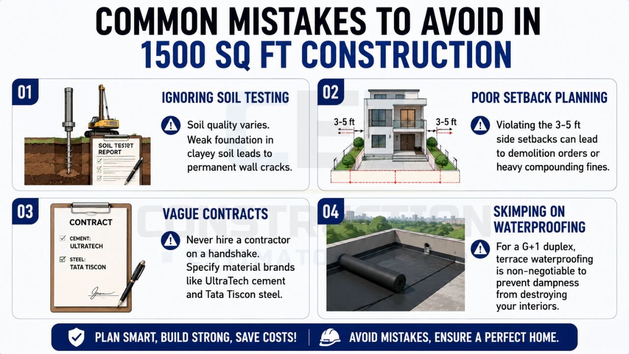 Infographic highlighting common construction mistakes for a 1500 sq ft house, including skipping soil testing, poor setback planning, weak contracts, and inadequate waterproofing.