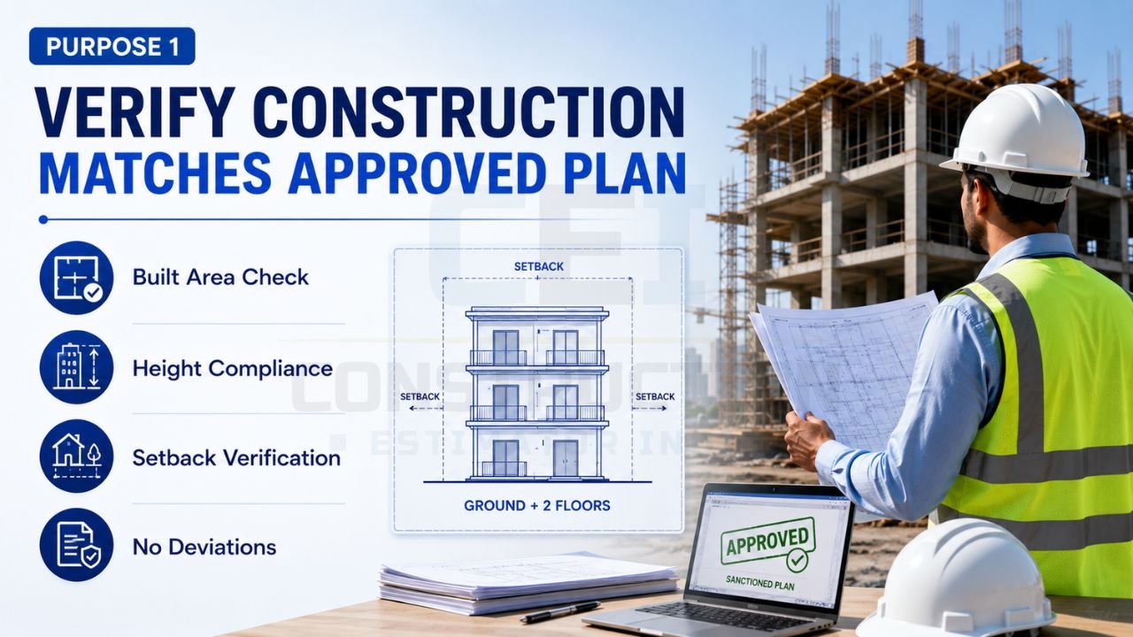 Verify construction matches approved building plan through built-up area checks, height compliance, setback verification, and deviation inspection