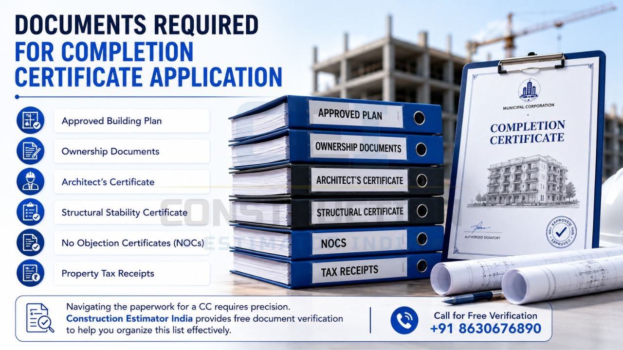 Documents required for completion certificate application including approved building plan, ownership documents, architect certificate, structural stability certificate, NOCs, and property tax receipts