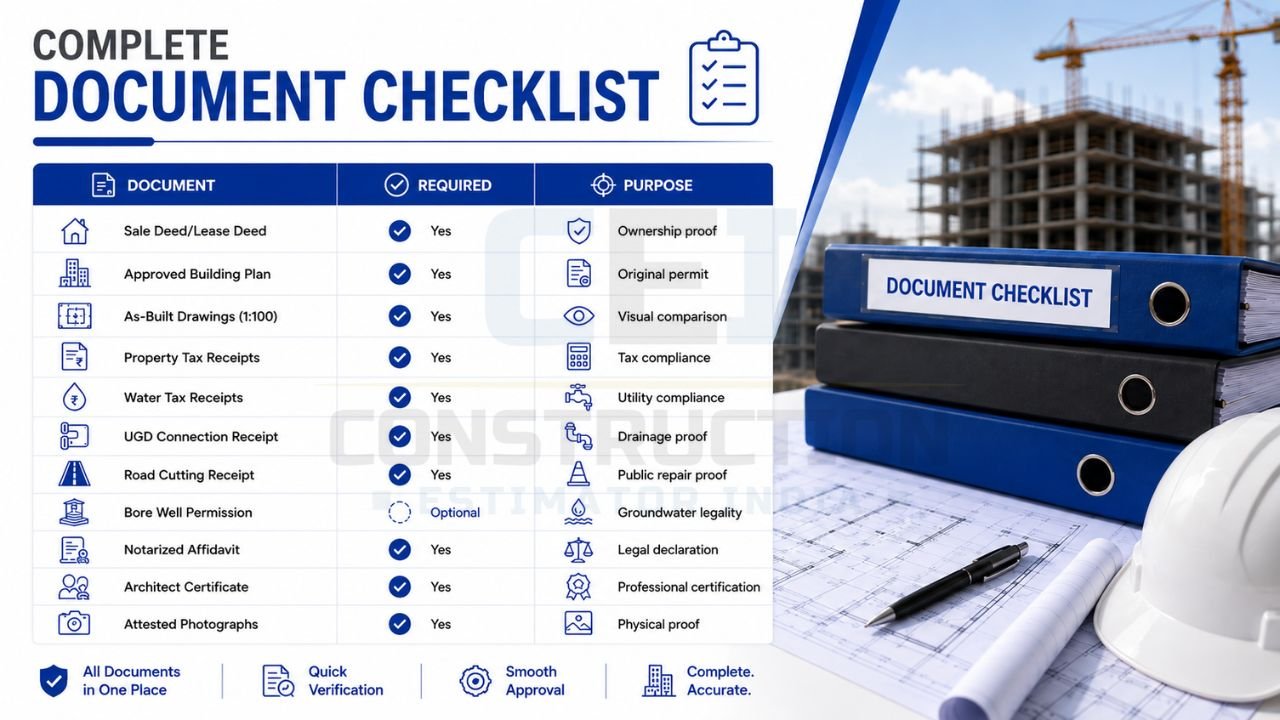 Complete document checklist for completion certificate approval including sale deed, approved building plan, as-built drawings, tax receipts, architect certificate, and compliance documents