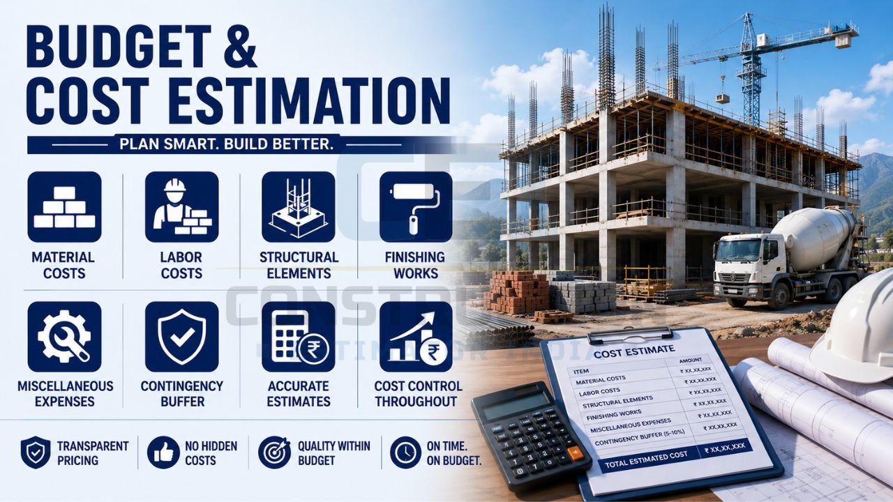 Construction budget and cost estimation infographic showing material costs, labor expenses, structural elements, finishing works, contingency planning, and accurate project budgeting.