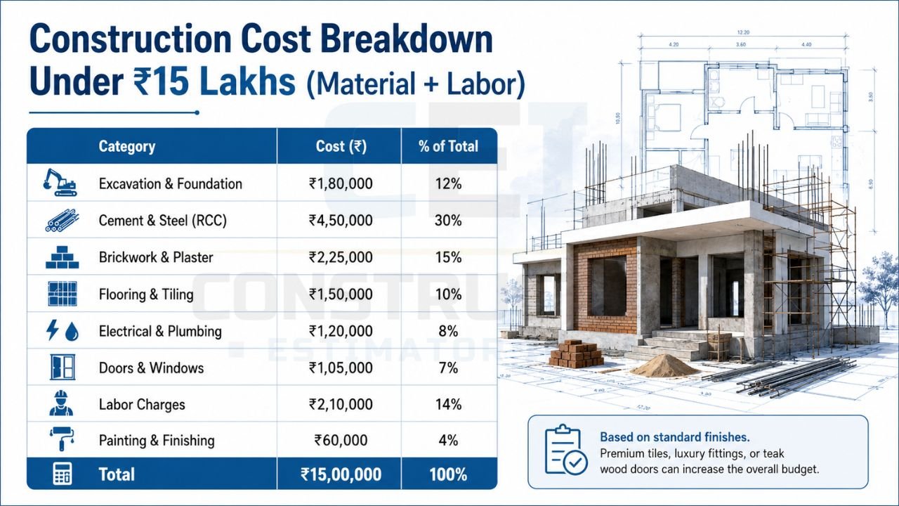 Construction cost breakdown under ₹15 lakhs showing material and labor costs, including excavation, RCC, brickwork, flooring, electrical, plumbing, doors, windows, painting, and finishing for a budget house.