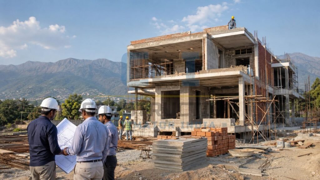 Residential building under construction with engineers reviewing plans, RCC frame structure, brickwork, scaffolding, and ongoing site supervision