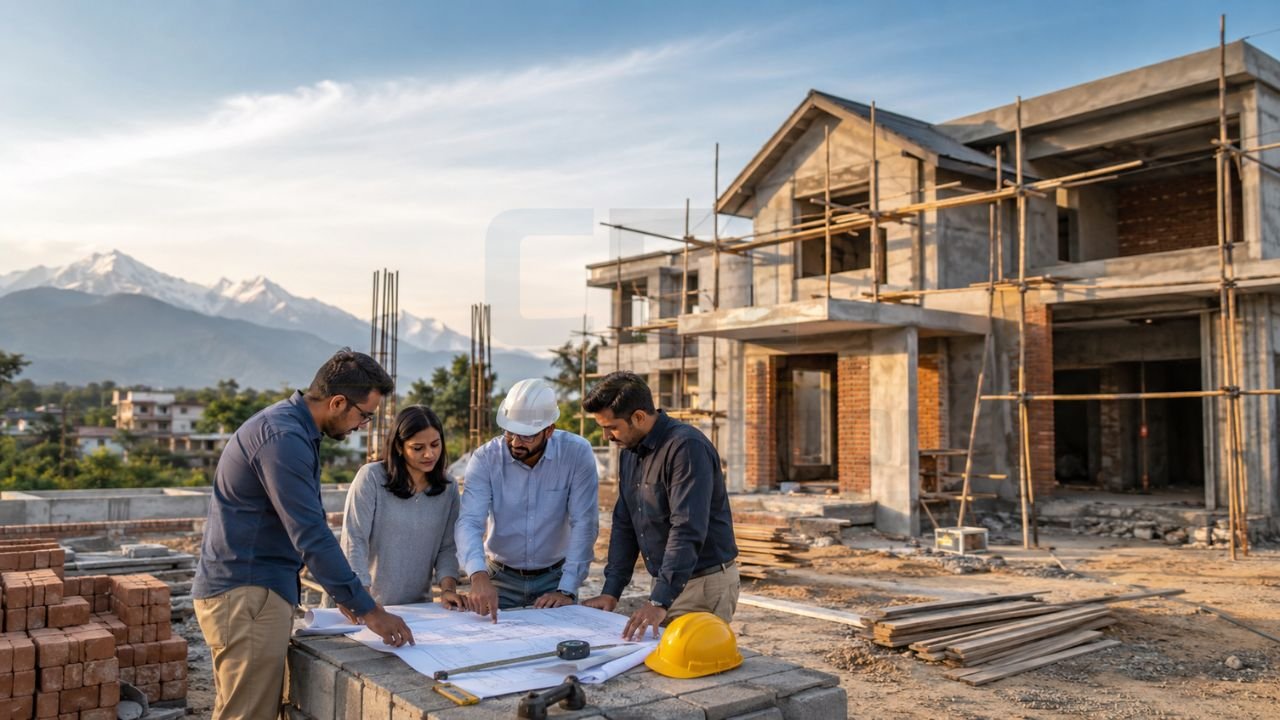 Homeowners and construction professionals reviewing house plans at a residential construction site with an under-construction building, scaffolding, and ongoing structural work