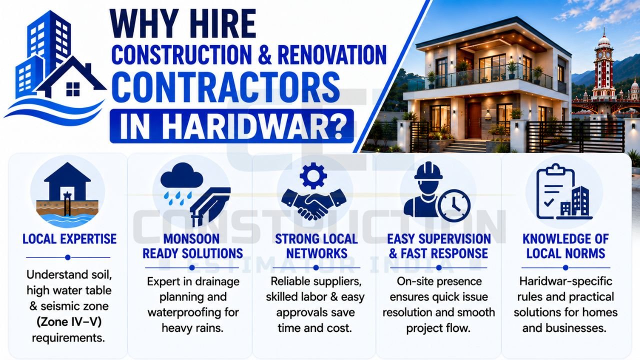 Benefits of hiring construction and renovation contractors in Haridwar including local expertise, monsoon solutions, approvals, and project supervision.