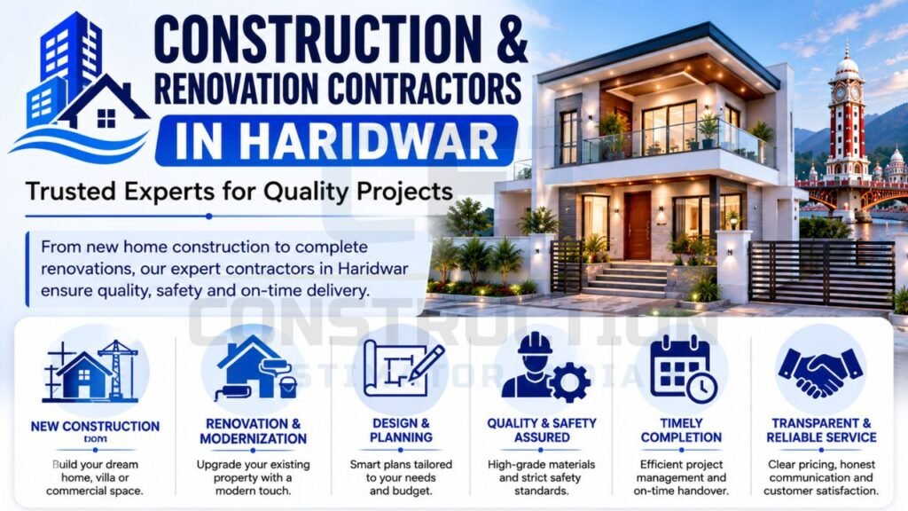 Construction and renovation contractor services in Haridwar featuring new construction, remodeling, design planning, safety standards, and timely project completion.