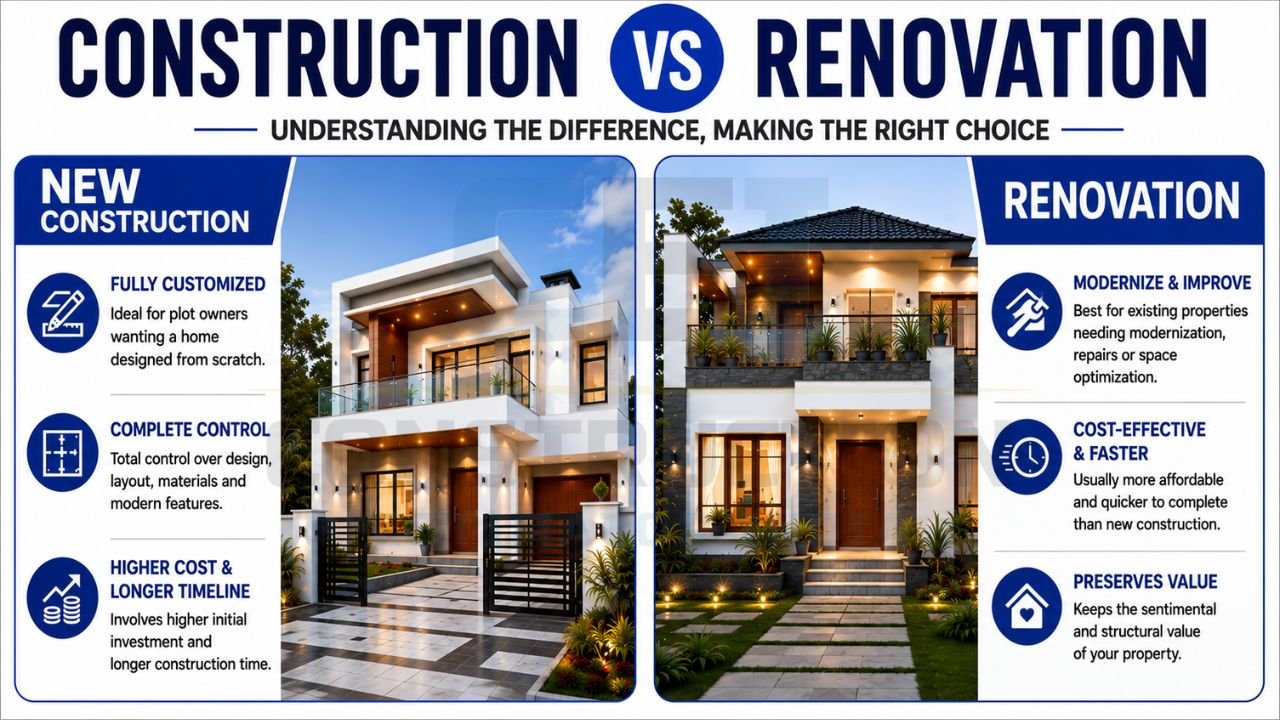 Comparison between new construction and renovation projects showing customization, costs, timelines, modernization, and property value benefits.