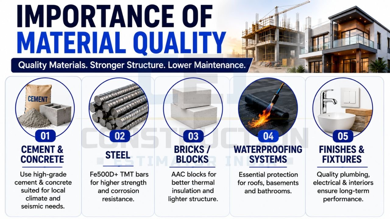 Construction material quality guide featuring cement, steel, AAC blocks, waterproofing systems, and premium fixtures for durable buildings.