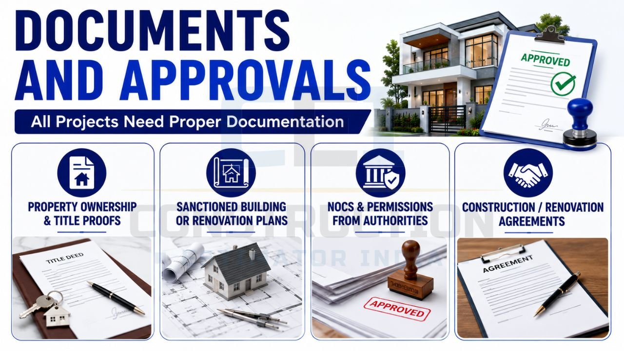 Construction documents and approvals checklist showing property ownership proof, sanctioned plans, NOCs, permits, and construction agreements.