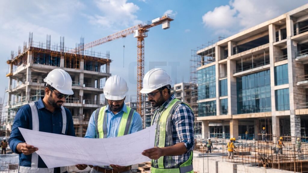 Professional contractor in Roorkee reviewing construction plans at a commercial building project site with engineers and construction managers