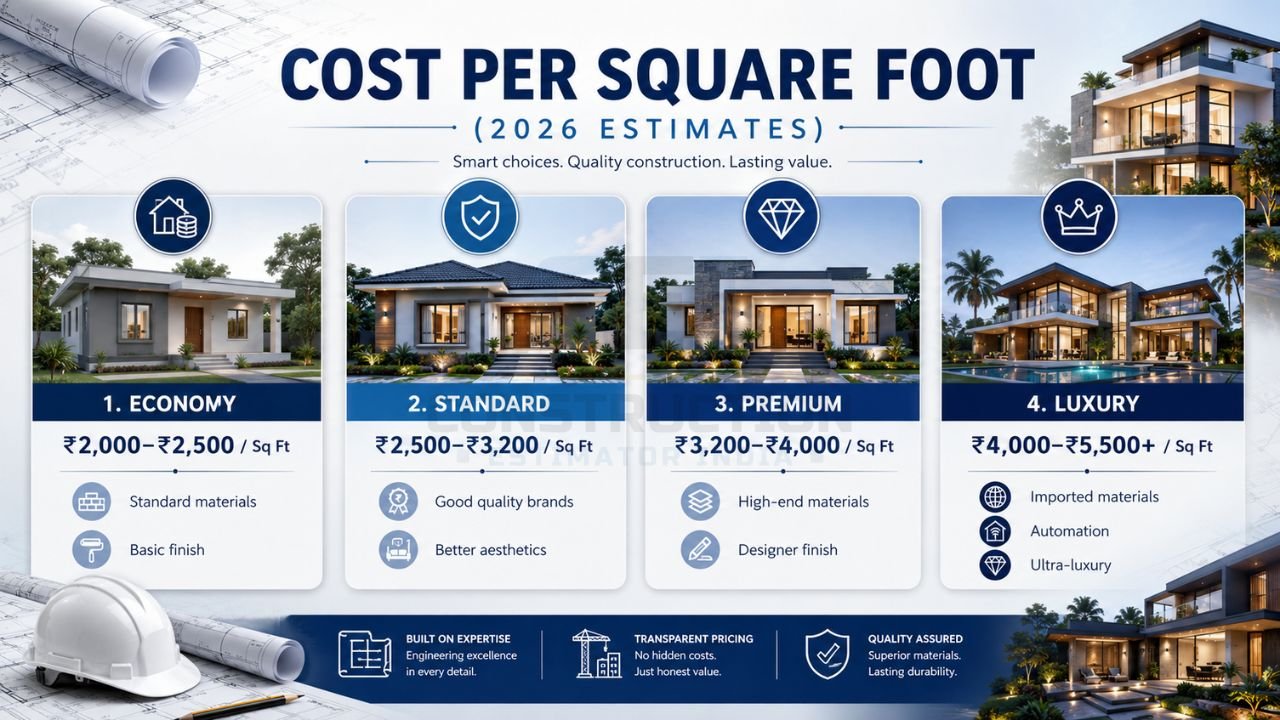 Construction cost per square foot in Roorkee 2026 showing economy, standard, premium, and luxury house construction price ranges