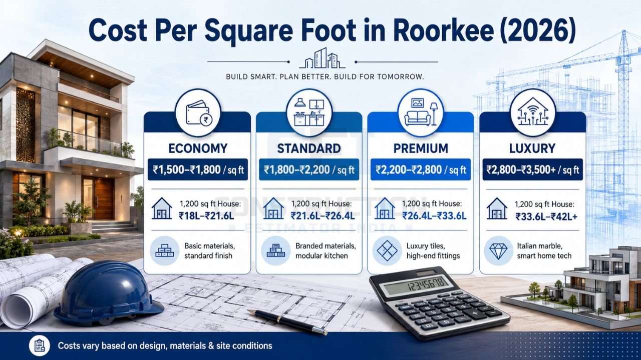 Construction cost per square foot in Roorkee 2026 showing economy, standard, premium, and luxury house construction rates with estimated project costs
