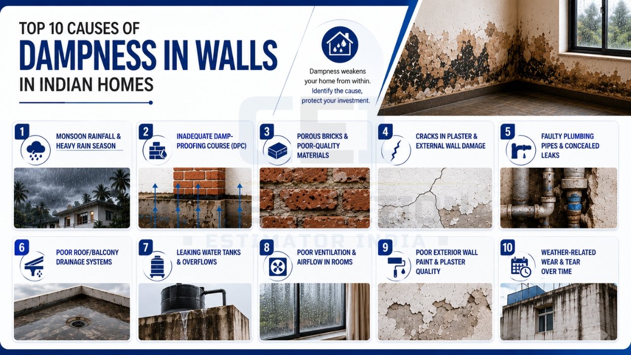 Top 10 causes of wall dampness in Indian homes, including leaks, cracks, and poor waterproofing
