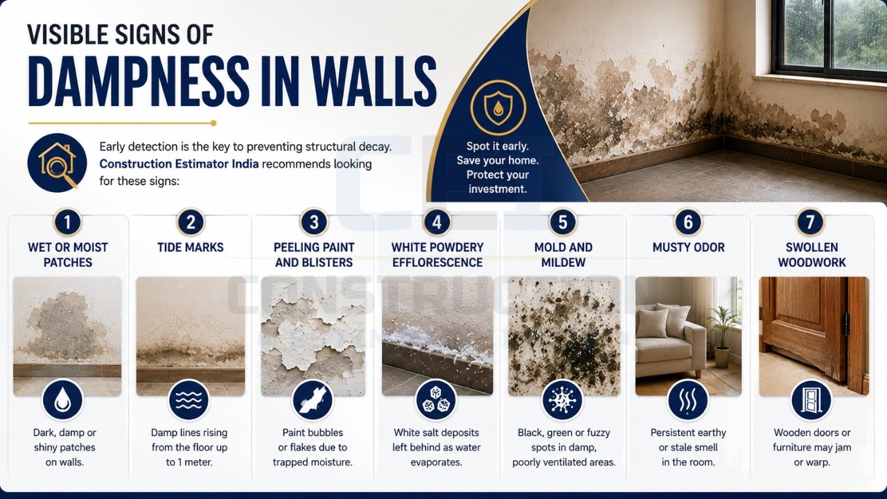 Visible signs of wall dampness including wet patches, peeling paint, mold, and efflorescence