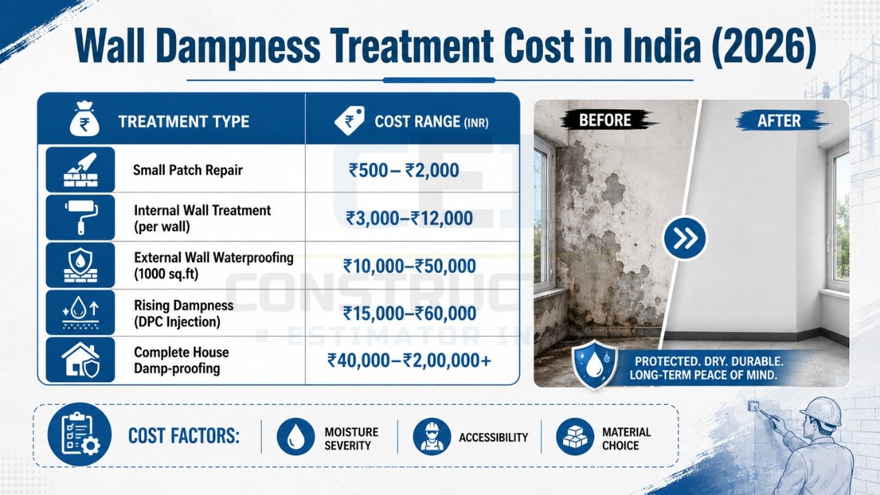 Wall dampness treatment cost in India with repair, waterproofing, and damp-proofing price estimates