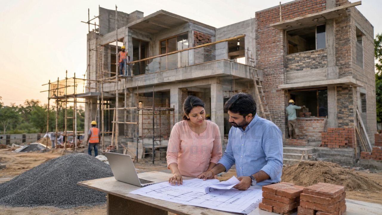 Homeowners reviewing house construction plans at a residential building site with ongoing structural work, brick masonry, and contractor supervision
