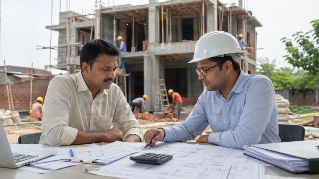 Construction cost estimation discussion between a homeowner and site engineer reviewing building plans, project budget, and quantity estimates at a residential construction site