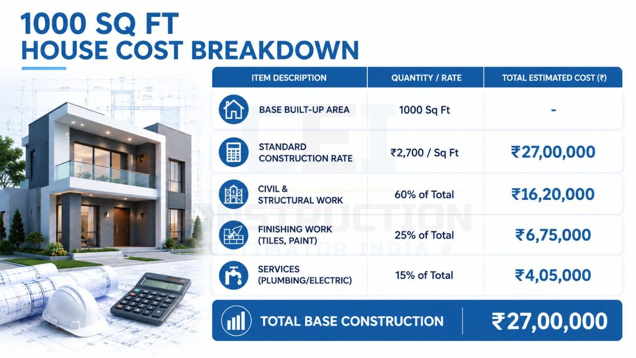 1000 sq ft house construction cost breakdown showing civil work, finishing work, plumbing, electrical services, and total estimated construction cost