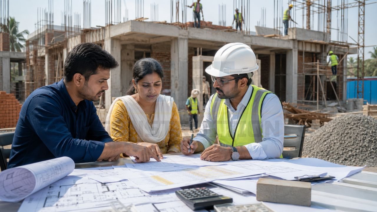 Homeowners discussing house construction plans and cost estimates with a site engineer at an active residential construction site