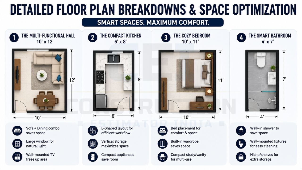 Infographic showing optimized layouts for living room, kitchen, bedroom, and bathroom in a compact house plan.