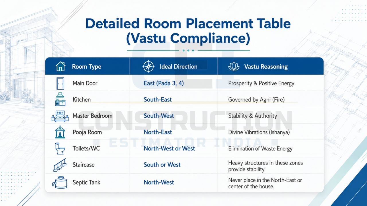 Vastu room placement table showing the ideal directions for the main door, kitchen, master bedroom, pooja room, toilets, staircase, and septic tank in an east-facing house plan.