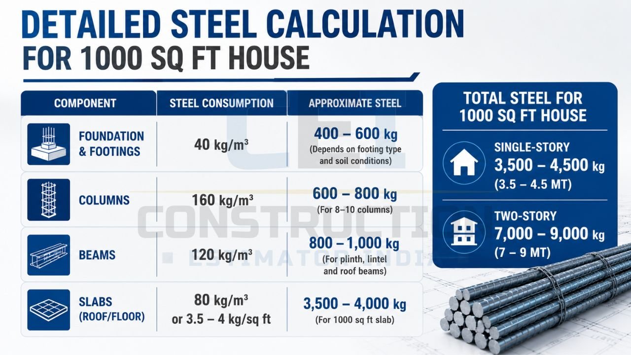 Infographic showing component-wise steel calculation for foundations, columns, beams, and slabs in a 1000 sq ft house.