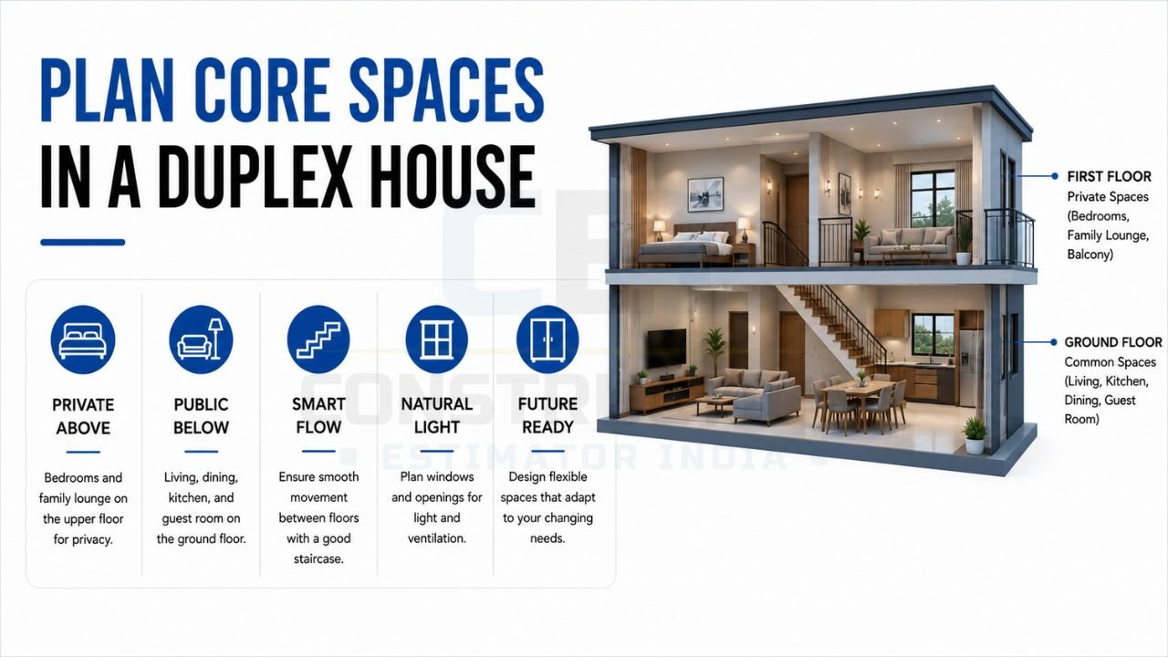 Plan core spaces in a duplex house with private bedrooms upstairs, common living areas downstairs, smart staircase layout, natural lighting, and future-ready design