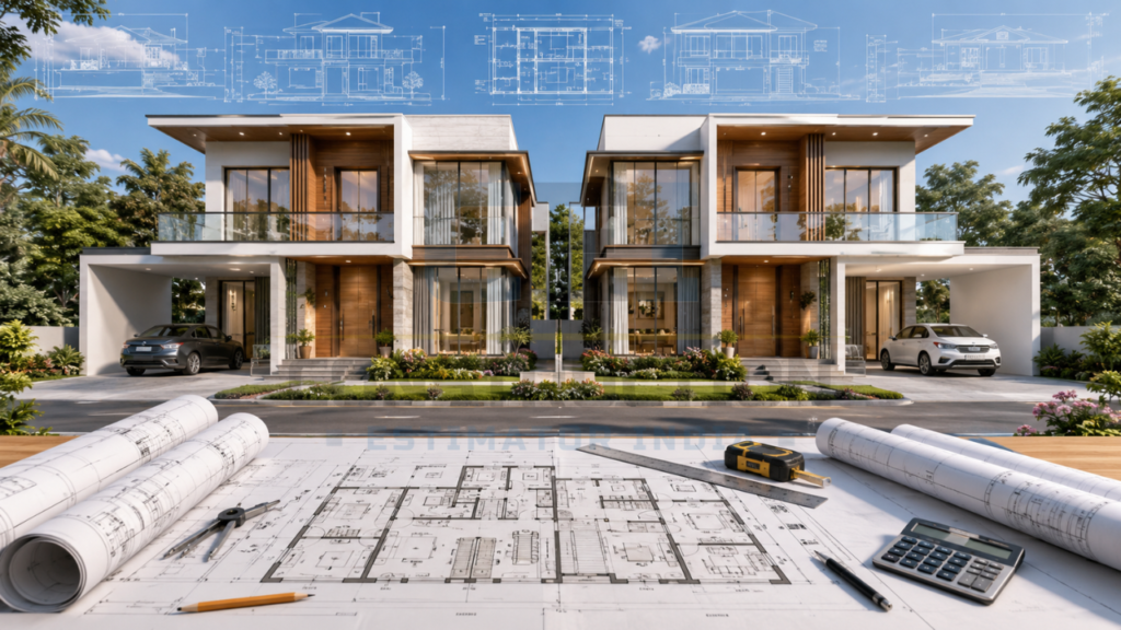 Modern duplex house design with architectural floor plans, blueprints, and construction drawings for residential home planning