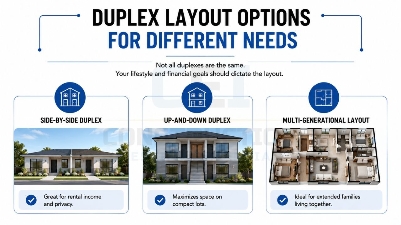 Duplex layout options for different needs including side-by-side duplex, up-and-down duplex, and multi-generational duplex design