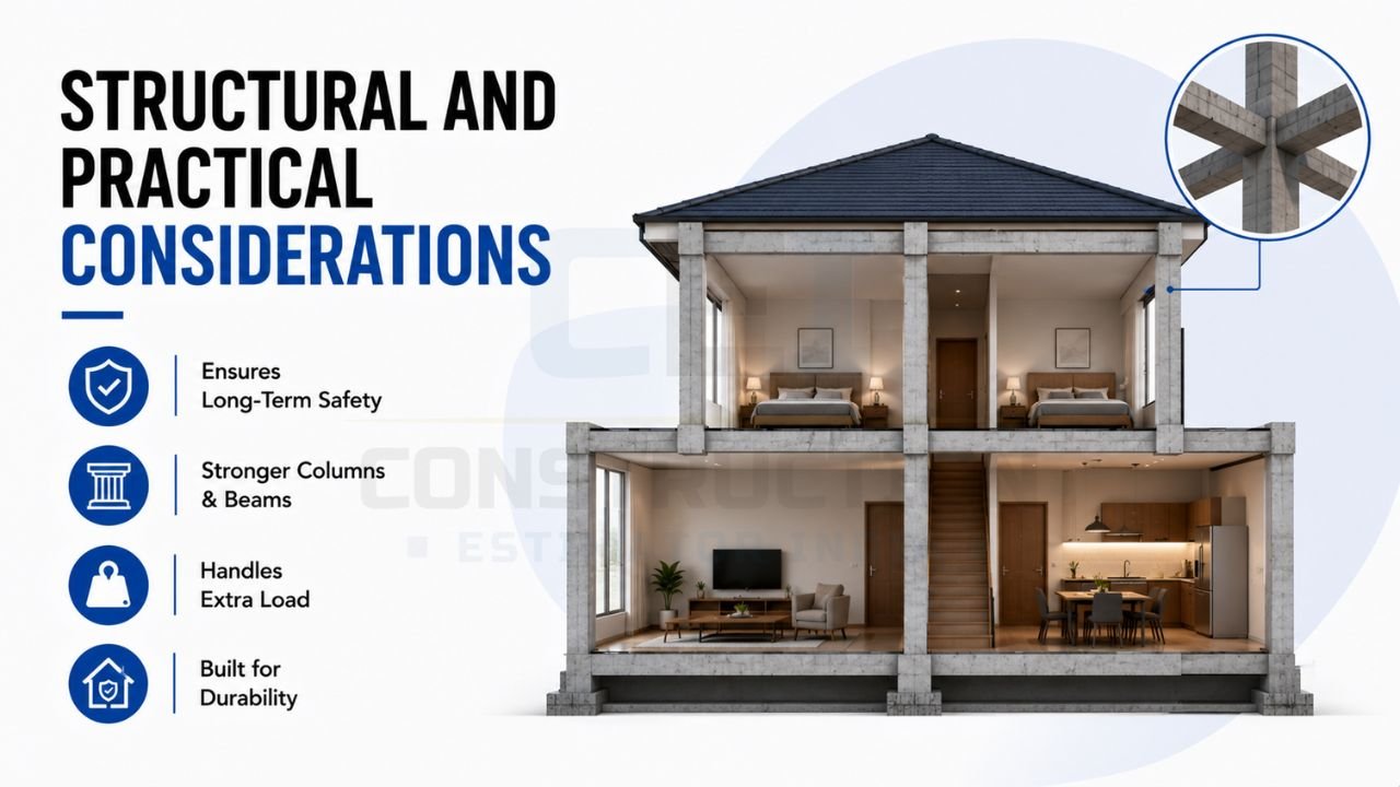Structural and practical considerations for duplex house construction including stronger columns, beams, load-bearing capacity, durability, and long-term safety