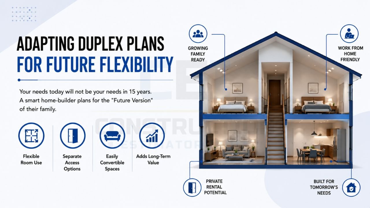 Adapting duplex house plans for future flexibility with flexible room use, separate access, convertible spaces, rental potential, work-from-home design, and long-term value
