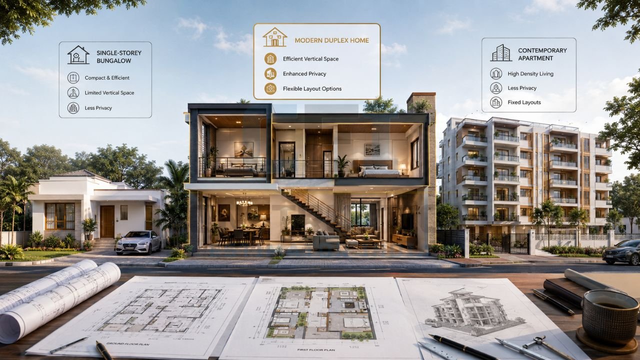 Comparison of single-storey bungalow, modern duplex home, and contemporary apartment highlighting space, privacy, layout flexibility, and residential design features