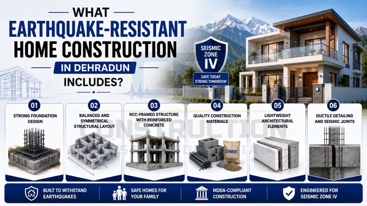 Earthquake-resistant home construction infographic showing foundation design, RCC framing, reinforced concrete, quality materials, and seismic detailing.