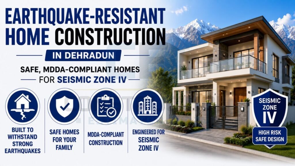 Modern earthquake-resistant house in Dehradun designed for Seismic Zone IV with MDDA-compliant construction and enhanced structural safety.