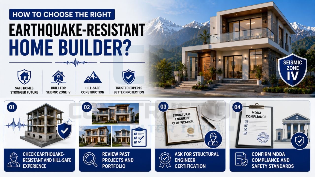 Earthquake-resistant home builder selection guide featuring project experience, portfolio review, structural certification, and MDDA compliance checks.