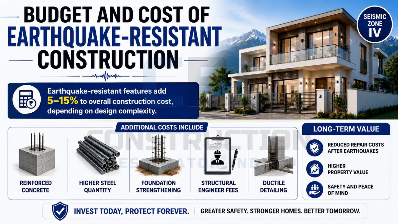 Earthquake-resistant construction cost infographic showing reinforced concrete, steel reinforcement, foundation strengthening, and structural engineering expenses.