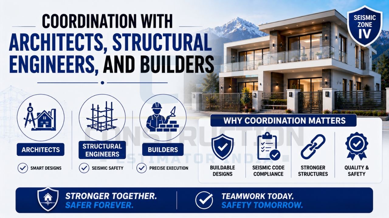 Earthquake-resistant home construction infographic showing collaboration between architects, structural engineers, and builders in Seismic Zone IV.