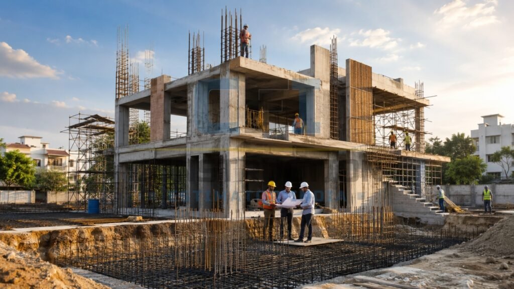 Concrete frame construction stage of a residential building with structural work, columns, beams, slabs, and site supervision